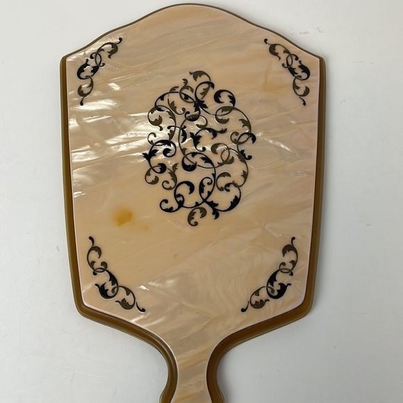 Vanity Mirror 13” Long Yellow Cream Black Celluloid Art Deco - Picture 2 of 10